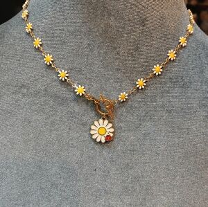 Daisy Charm Gold Necklace - Yellow & White Floral Pendant